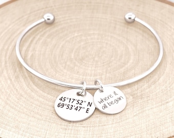 Anniversary Bangle • Custom Coordinates Bracelet • Where It All Began • Location Bracelet • Gift For Her • Personalized Anniversary Bracelet