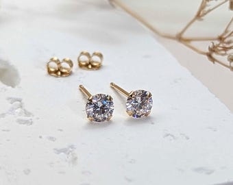 April Birthstone Jewelry: Solid 14k gold stud earrings, real gold earrings with 4mm round cz stone, diamond studs