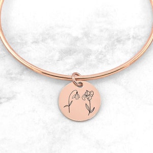 Birth Flower Bangle, Personalized Birth Flower Bracelet, Birth Flower Bracelet, Birth Month Flower Bracelet