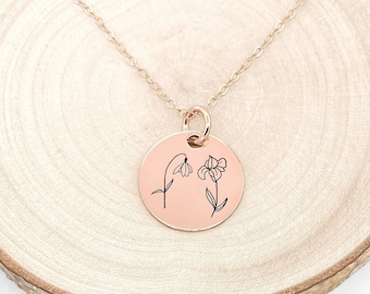 Birth Flower Disc Necklace • Combined Birth Flower Necklace • Personalized Birth Flower Bouquet Necklace • Birth Flower Necklace