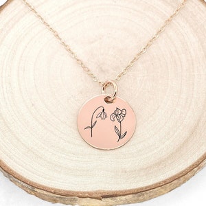 Birth Flower Disc Necklace • Combined Birth Flower Necklace • Personalized Birth Flower Bouquet Necklace • Birth Flower Necklace