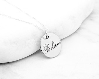 Sterling Silver Believe Necklace, Inspirational Christian Faith Mantra Jewelry