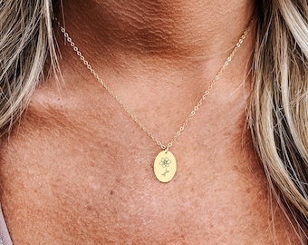 Personalized Oval Birth Flower Necklace • Dainty Birth Flower Pendant • Birth Flower Necklace • Birth Month Flower Jewelry