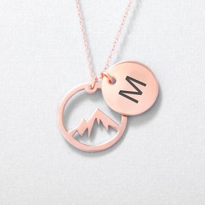 Rose Gold Wanderlust Necklace, Initial Mountain Necklace, Personalized Outdoor Jewelry, Custom Initial Disc Pendant
