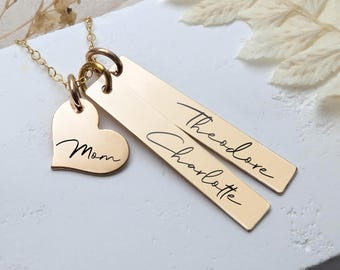 Personalized Heart And Bar Necklace: Gold Bar Necklace With Heart Charm, Mom And Kids Names
