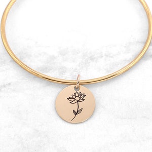Birth Month Flower Bangle, Custom Birth Flower Bracelet, Personalized Jewelry Gift For Mom, Birth Flower Bracelet