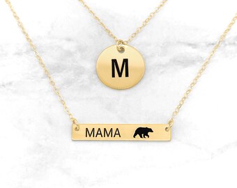 Mama Beer Ketting, Gelaagde Ketting, Gelaagde Beer en Initial, Moeder Ketting, Beer Sieraden