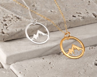 Gold Mountain Necklace, Mountain Jewelry, Circle Mountain Range Jewelry, Yellow Gold Mountain Charm Necklace
