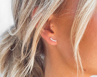 Sterling Silver Studded Curved Bar Earrings • Curved Bar Earrings