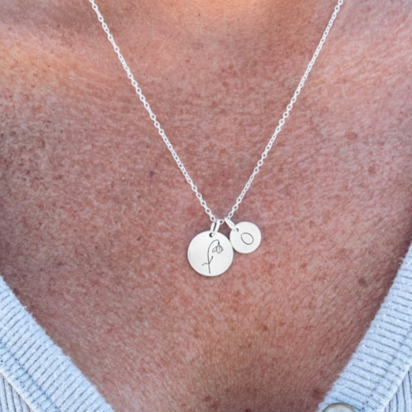 Flor de nacimiento y collar inicial • Collar de flores de nacimiento • Joyería de flores de nacimiento • Collar de flores de nacimiento delicado • Collar inicial