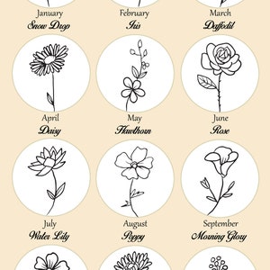 May include: A black and white illustration of flowers representing each month of the year. January is a snowdrop, February is an iris, March is a daffodil, April is a daisy, May is a hawthorn, June is a rose, July is a water lily, August is a poppy, September is a morning glory, October is a cosmos, November is a chrysanthemum, and December is holly berries.