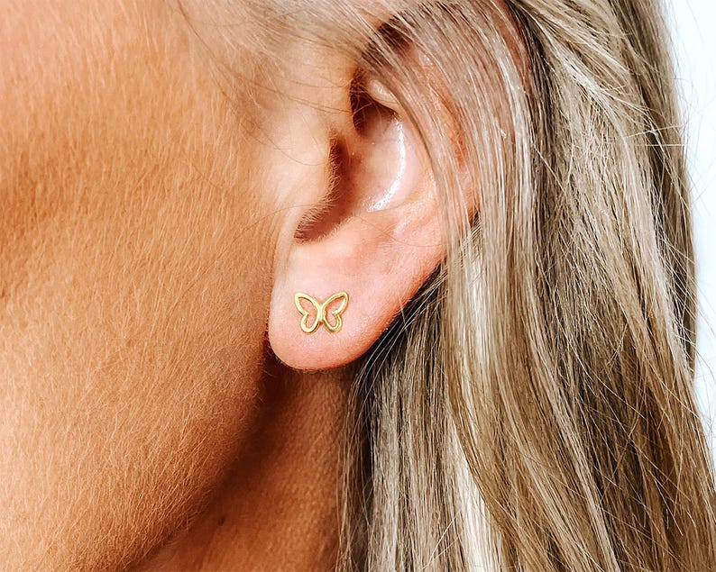 Butterfly Stud Earrings • Gold Butterfly Outline Earrings • Gold Butterfly Stud Earrings • Dainty Butterfly Studs • Butterfly Jewelry image 2