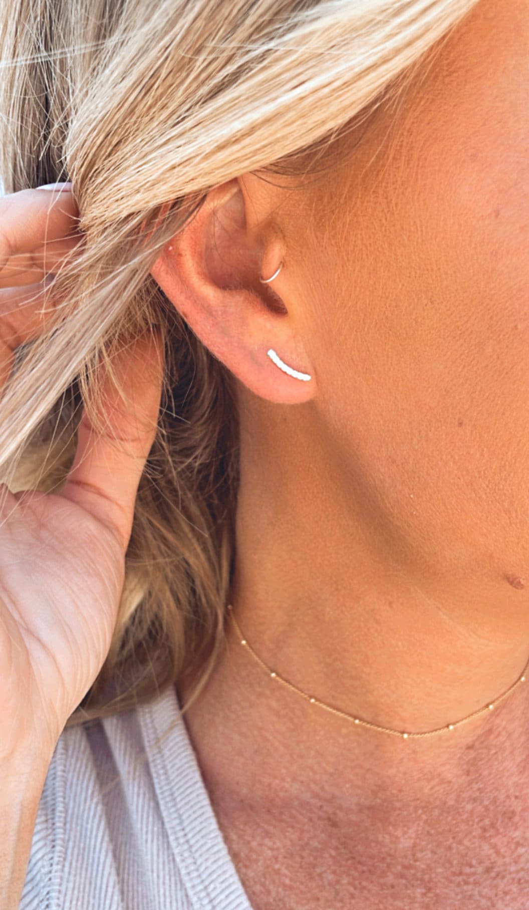 Sterling Silver Studded Curved Bar Earrings • Curved Bar Earrings