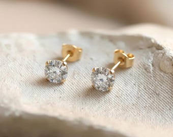 14k Gold Stud Earrings, April Birthstone CZ Studs, 4mm Round Cut Solitaire, Minimalist Everyday Jewelry, Second Hole Cartilage