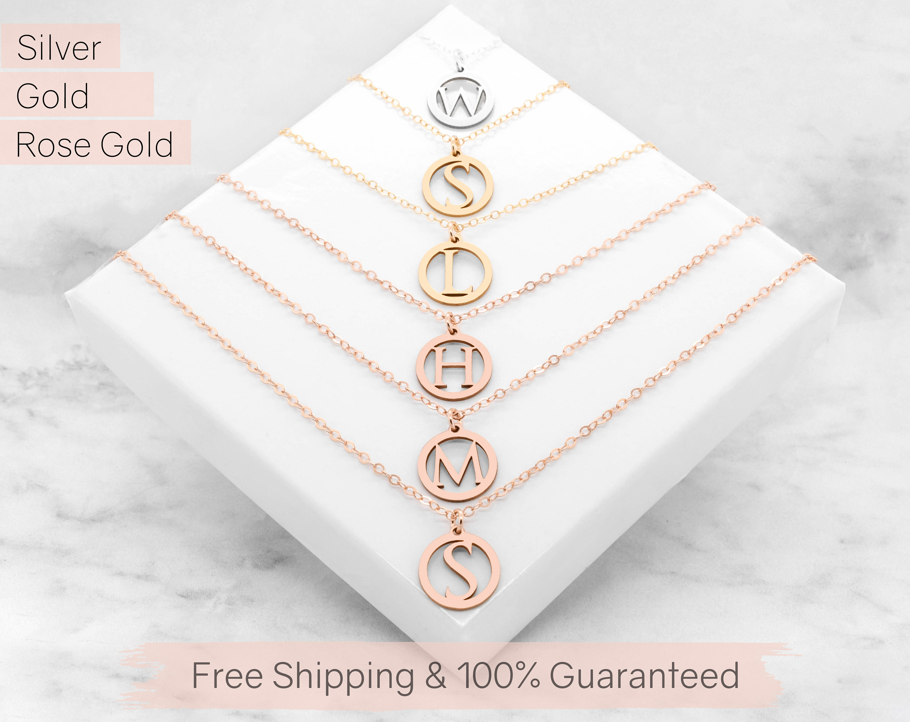 B Initial Necklace Silver Gold \u0026 Rose 