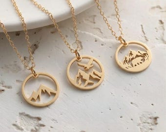 Dainty Outdoor Mountain Necklace, The Mountains Are Calling, Mountain Range In Gold, Sterling Silver, Rose Gold Pendant