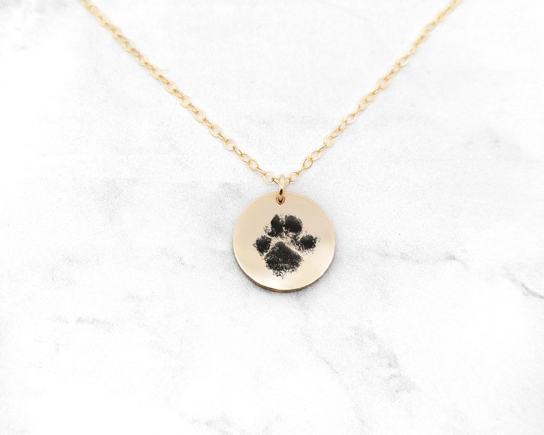May include: Gold necklace with a round pendant featuring a black paw print.