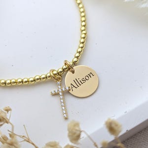 Personalized Gold Cross Bracelet • CZ Cross Charm Bracelet • Cross Name Bracelet • Confirmation Gift • First Communion • Simple Pave Cross