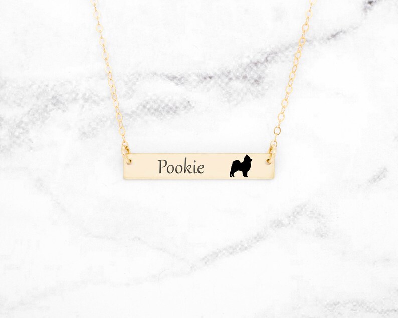 May include: A gold-colored bar necklace with the name "Pookie" engraved on it, accompanied by a black silhouette of a dog. The necklace hangs from a delicate gold chain, set against a white marble background.