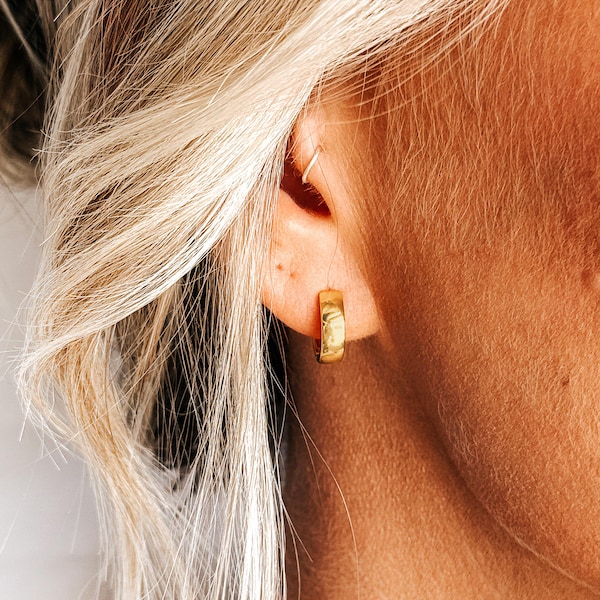 Wide Huggie Hoop Earrings • Tiny Wide Hoops • Chunky Huggie Hoops • Thick Huggie Hoop Earrings • Sterling Silver Hoop Earrings
