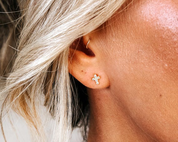 Diamond CZ Cross Stud Earrings • Gold Cross Earrings • Tiny Cross Earrings • Cross Stud Earrings • Dainty Cross Earrings • Cross Earrings