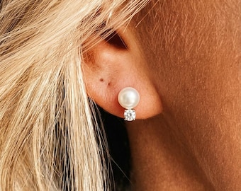 Bridal Pearl Earrings, Freshwater Pearl Cubic Zirconia Studs, Sterling Silver Wedding Earrings for Brides, Minimalist Classic Bridal Jewelry