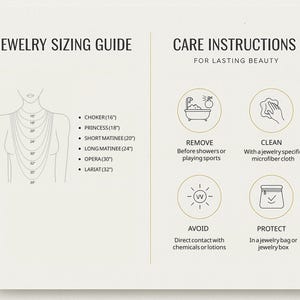 May include: A jewelry sizing guide and care instructions are displayed on a cream-colored background. The guide shows necklace lengths from 16" to 39". Care instructions include removing jewelry before showers, cleaning with a microfiber cloth, avoiding chemicals, and protecting in a jewelry box.