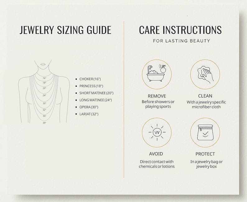 May include: A jewelry sizing guide and care instructions are displayed on a cream-colored background. The guide shows necklace lengths from 16" to 39". Care instructions include removing jewelry before showers, cleaning with a microfiber cloth, avoiding chemicals, and protecting in a jewelry box.
