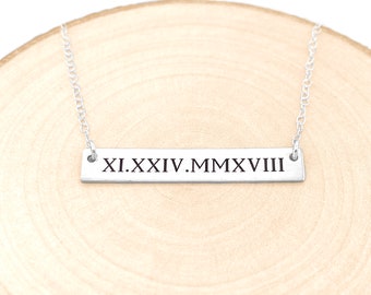 Date Necklace, Birthdate Necklace, Date Bar Necklace, Engraved Roman Numeral Necklace, Wedding Anniversary Necklace