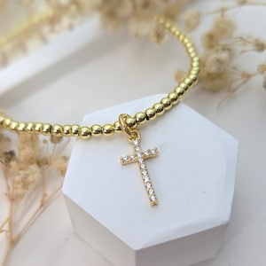 Pulsera de cruz de oro • Pulsera con dije de cruz de CZ • Pulsera de cruz • Regalo de confirmación • Primera comunión • Cruz pavé simple • Joyería de cruz