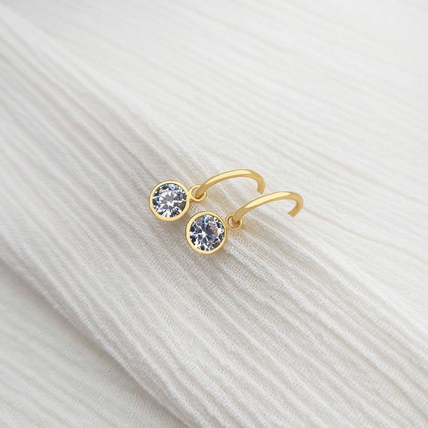 CZ Drop Huggie Hoop Earrings • Dainty Dangle Hoop Earrings • CZ Dangle Hoop Earrings • Tiny Gold Earrings • Bridesmaid Gifts