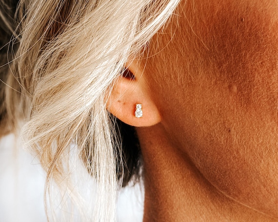 Dainty Two Stone CZ Stud Earrings • Tiny CZ Stud Earrings • Tiny ...