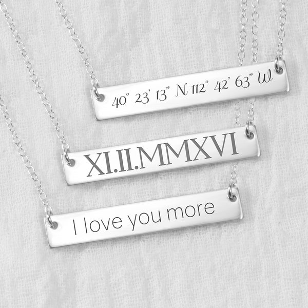 Personalized Bar Necklace • Roman Numeral Necklace • Custom Bar Necklace • Engraved Bar Necklace • Silver Bar Necklace