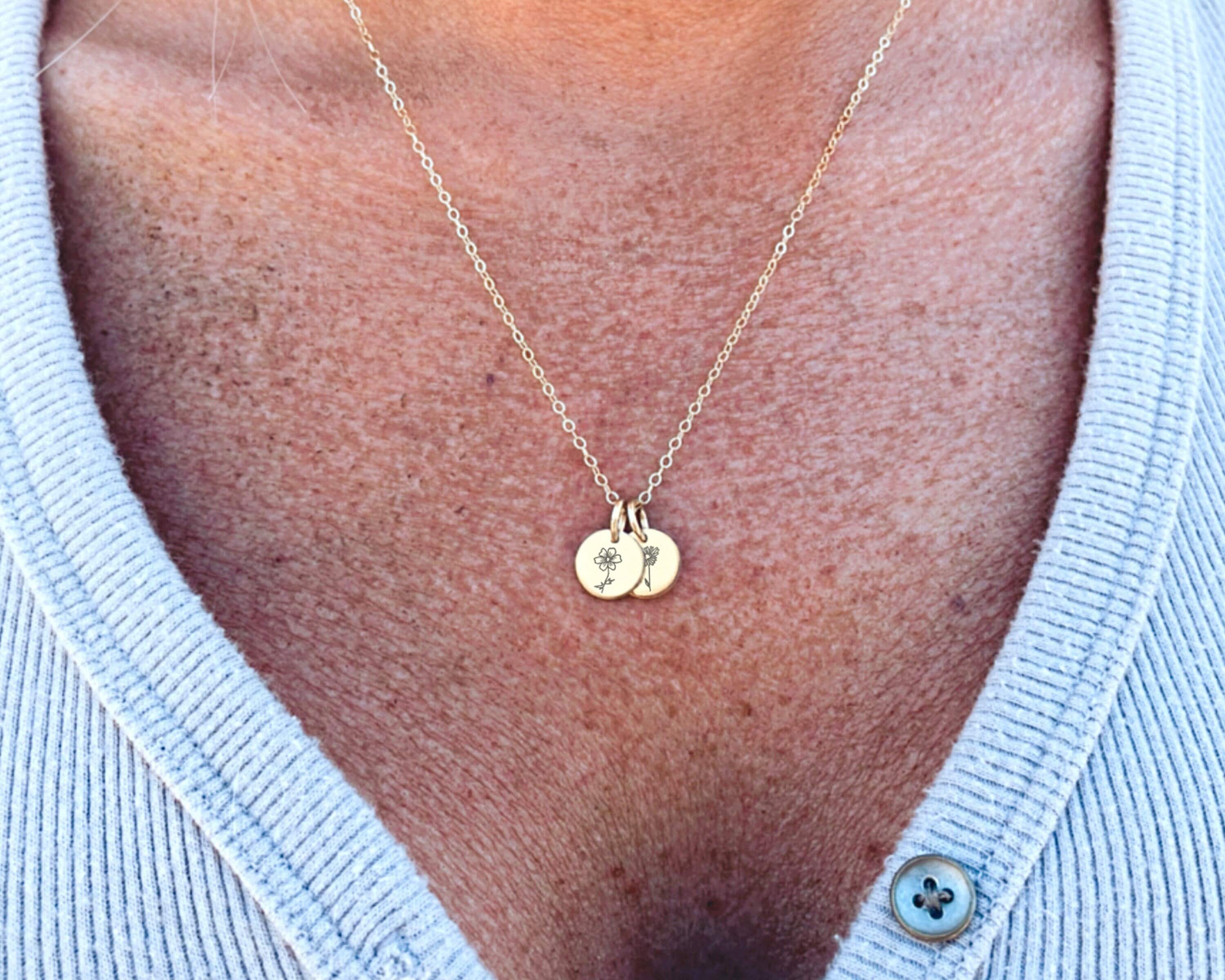 Tiny Birth Flower Disc Necklace • Birth Flower Necklace • Birth Month Flower • Birth Flower Jewelry • Gift For Mom