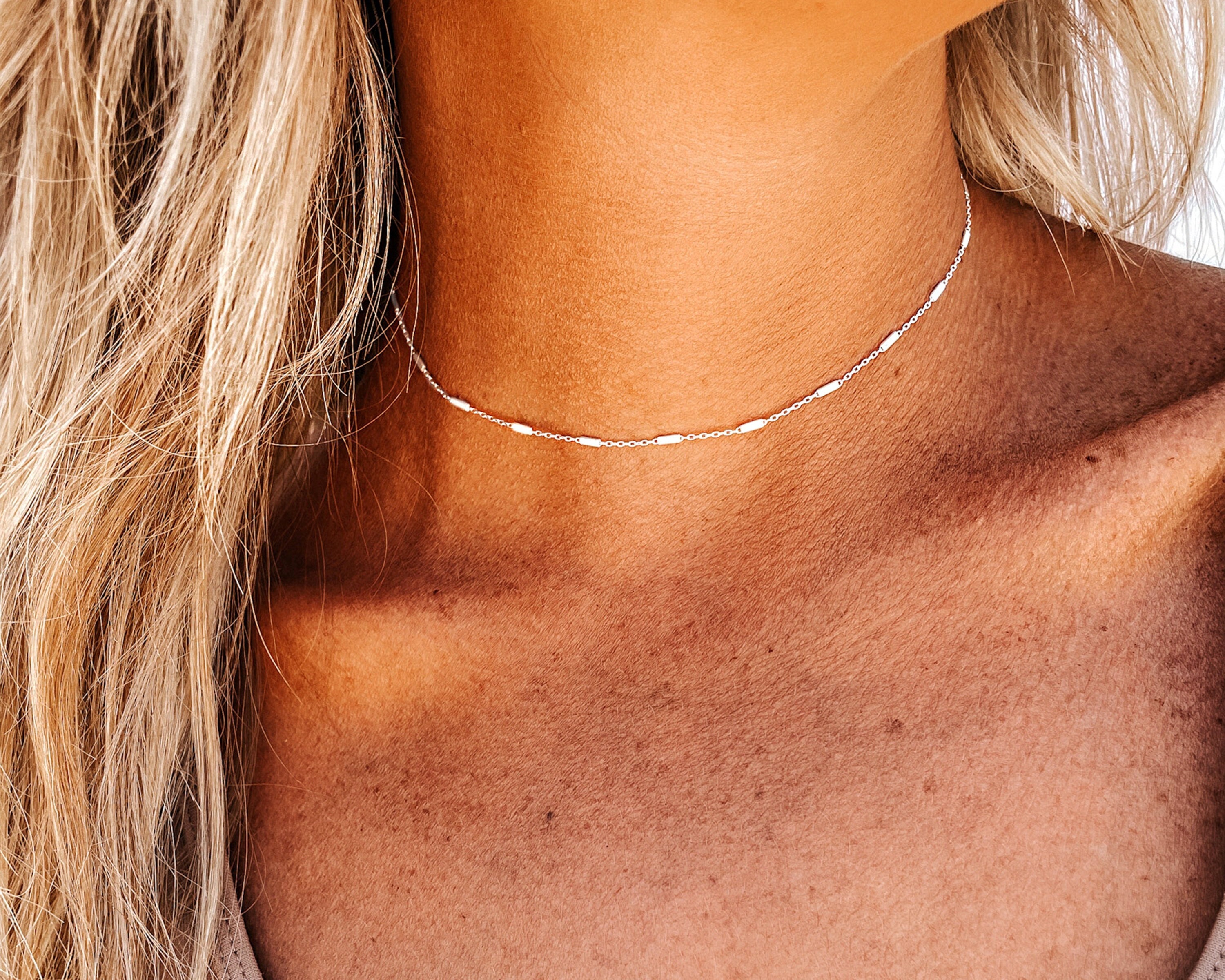 Dainty Bar Satellite Choker • Chain Choker Necklace • Satellite Chain Choker • Sterling Silver Choker Necklace • Dainty Bar Chain Choker