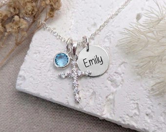 Personalized Cross Necklace in Sterling Silver, CZ Cross Charm with Name Disc, First Communion Gift, Confirmation Necklace, Baptism Gift
