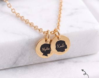 Tiny Silhouette Necklace • Custom Silhouette Necklace • Name Engraved • Silver, Gold And Rose Gold • Gift For Mom