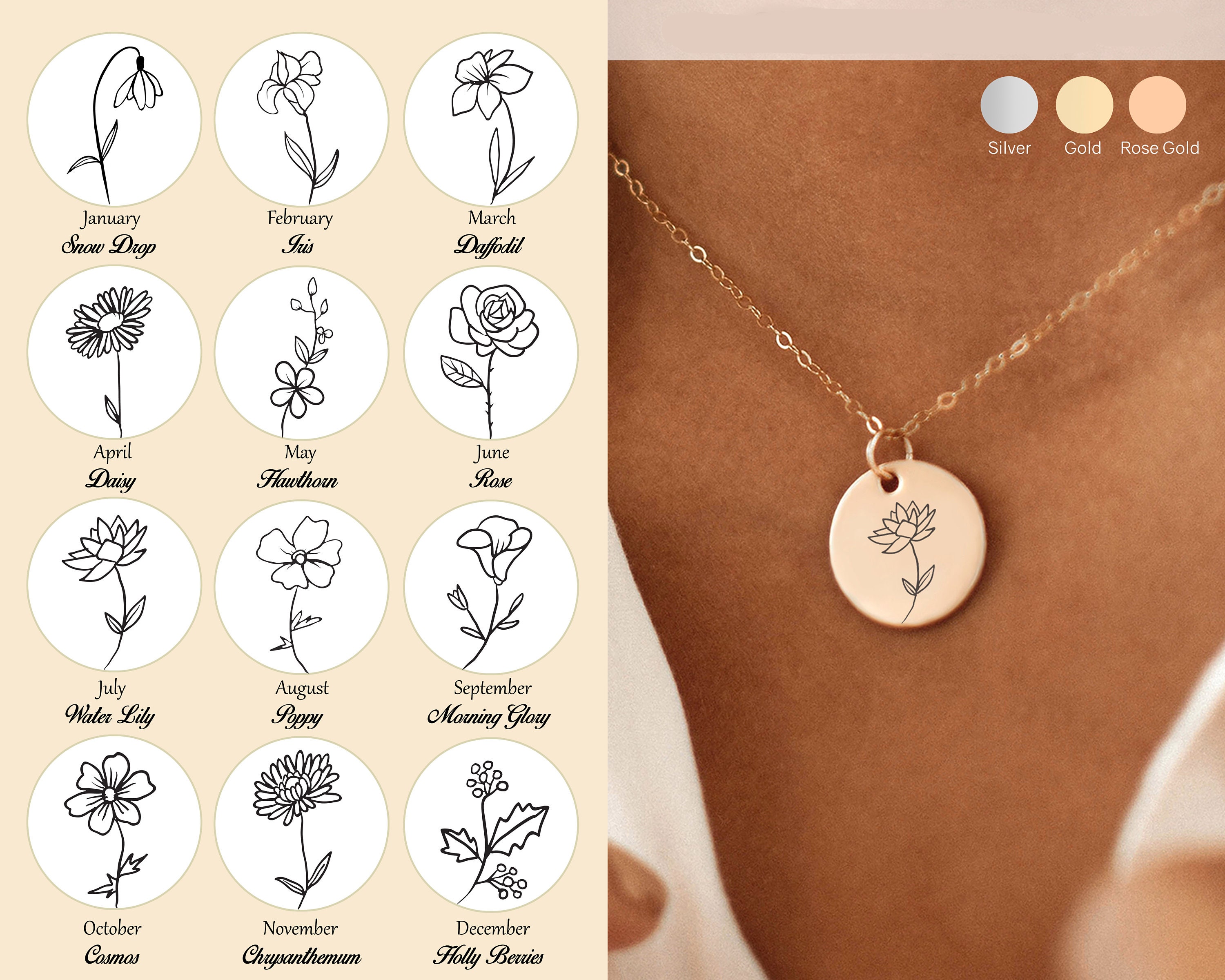 Birth Month Flower Necklace Birth Month Flower Necklace