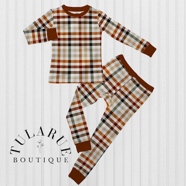 Handmade kids pajama set, fall plaid, thanksgiving, Halloween pajamas, Fall pajamas, Jammies, lounge set, toddler baby pajamas, PJs