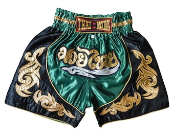 Mini format: Trendy Muay Thai shorts for kids! (two-tone green black XXS-M) MMA martial arts pants Sport Junior Young short boxing