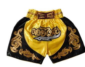 Mini format: Trendy Muay Thai shorts for kids! (two-tone yellow black XXS-M) MMA martial arts pants Sport Junior Young short boxing