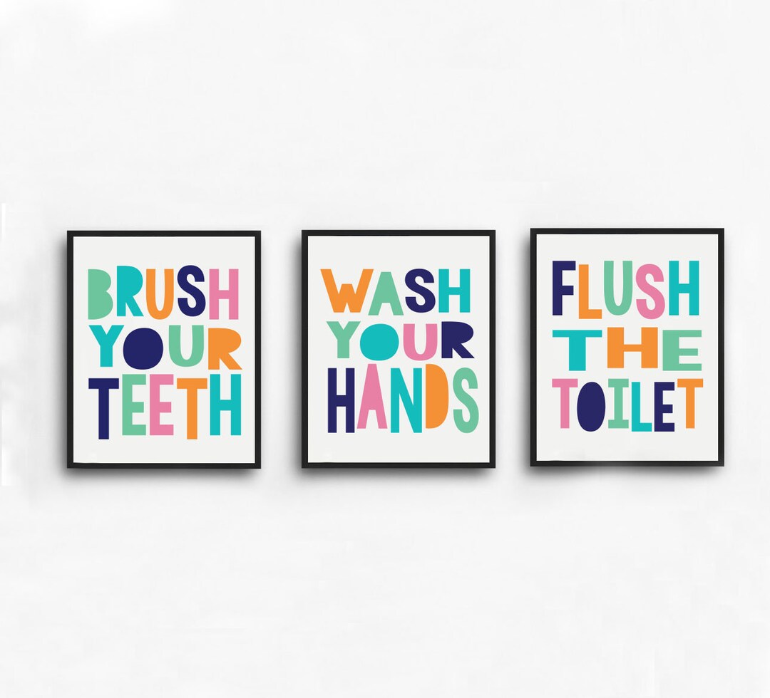 Gender Neutral Kids Bathroom Print Set | Brush Wash Flush | Three Print ...