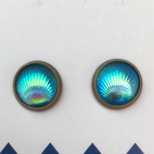 Blue Green Shell Stud Earrings, Shimmer Seashell Earrings, Ocean Post Earrings, Vintage Style Stud Earrings, Ocean Lovers Gift