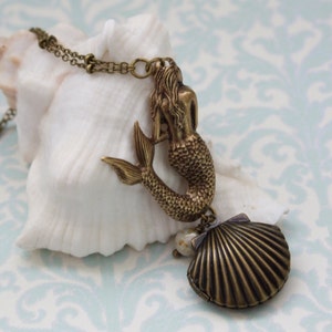 Mermaid Necklace, Seashell Locket Necklace, Nautical Brass Color Necklace, Mermaid Lovers Jewelry
