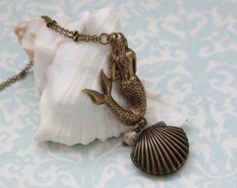 Mermaid Necklace, Seashell Locket Necklace, Nautical Brass Color Necklace, Mermaid Lovers Jewelry