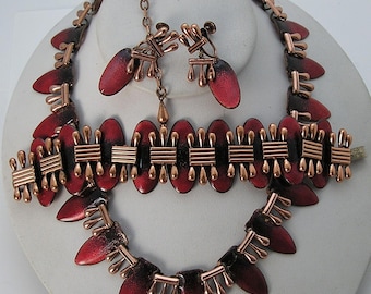 Rare Copper Parure Matisse Renoir Red Enamel Necklace Bracelet Earrings set