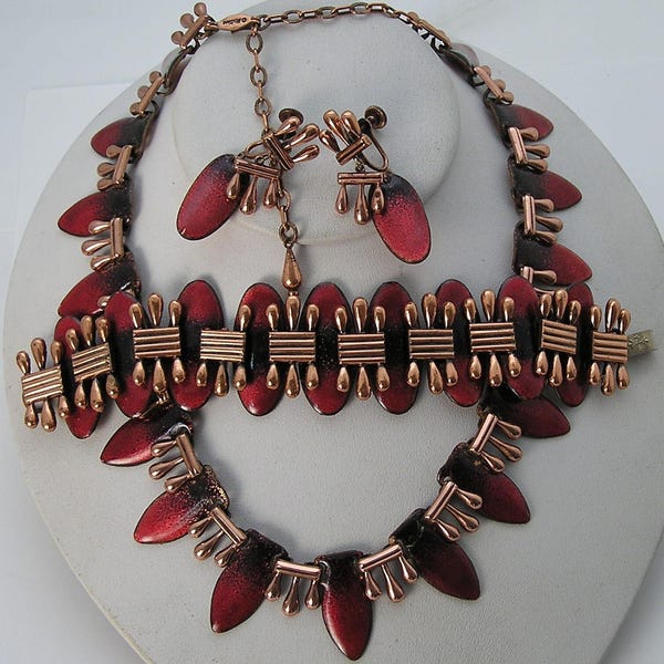 Zeldzame koperen Parure Matisse Renoir rood emaille ketting armband oorbellen set