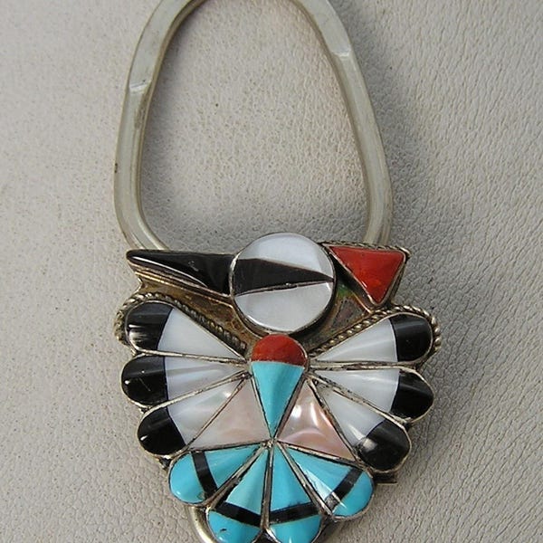 Vintage Sterling Zuni-Navajo Inlay Turquoise MOP Jet Thunderbird Key Ring Clip