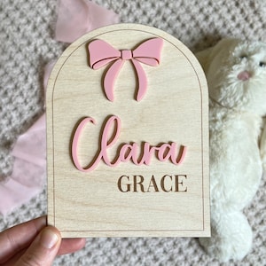bow baby girl name sign hospital birth announcement coquette bow name sign for newborn photos name reveal pink bow baby name gender reveal