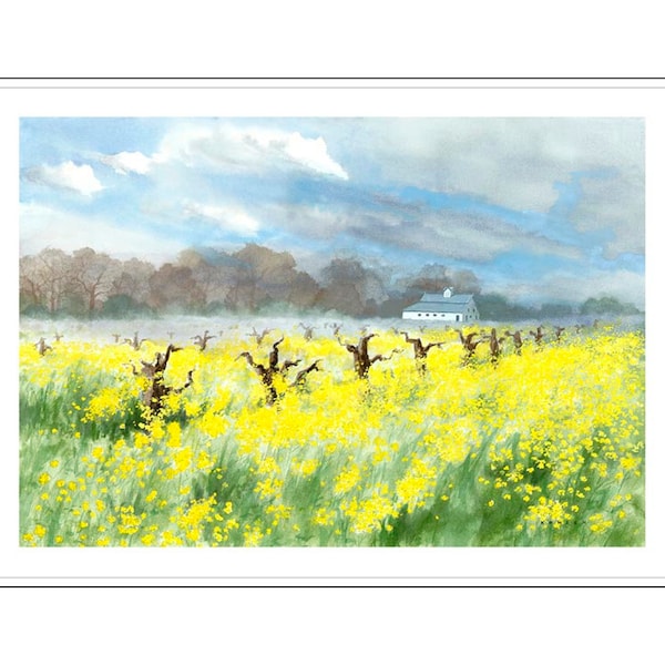Sonoma county strong - Napa Valley art - Watercolor flowers - Vineyard print - Wine country decor - Winery wedding gift - Yellow flowers